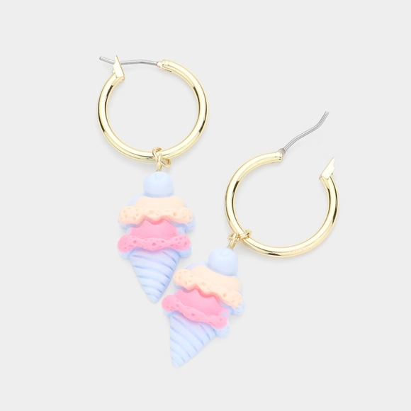Blue Ice Cream Cone Gold Fun Dangle Earrings Cute - Picture 1 of 2